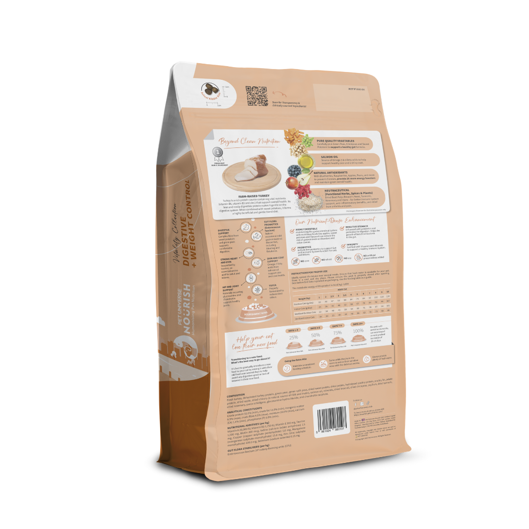 PET UNIVERSE NOURISH CAT VITALITY 4KG DIGESTIVE AND WEIGHT CONTROL WITH FRESH TURKEY DRY CAT FOOD image 2
