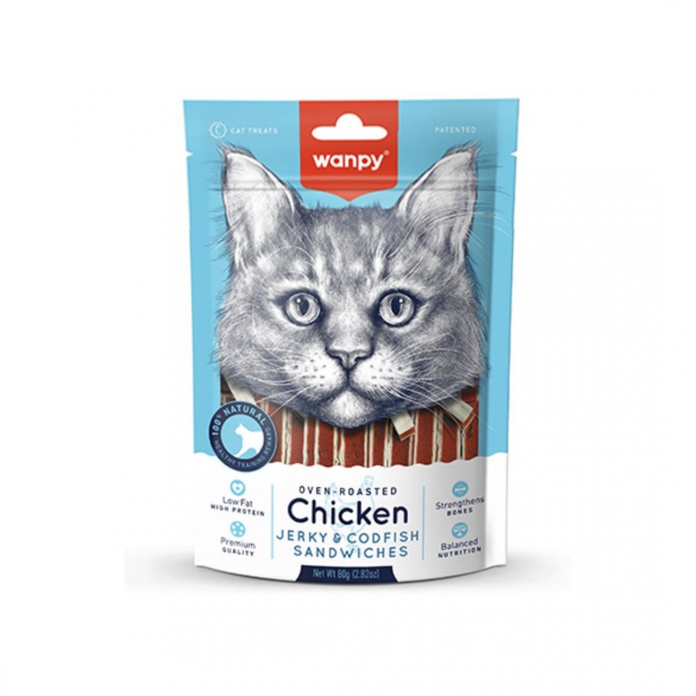 WANPY CAT CHICKEN JERKY & COD FISH SANDWICH 80G CAT SNACK image 2