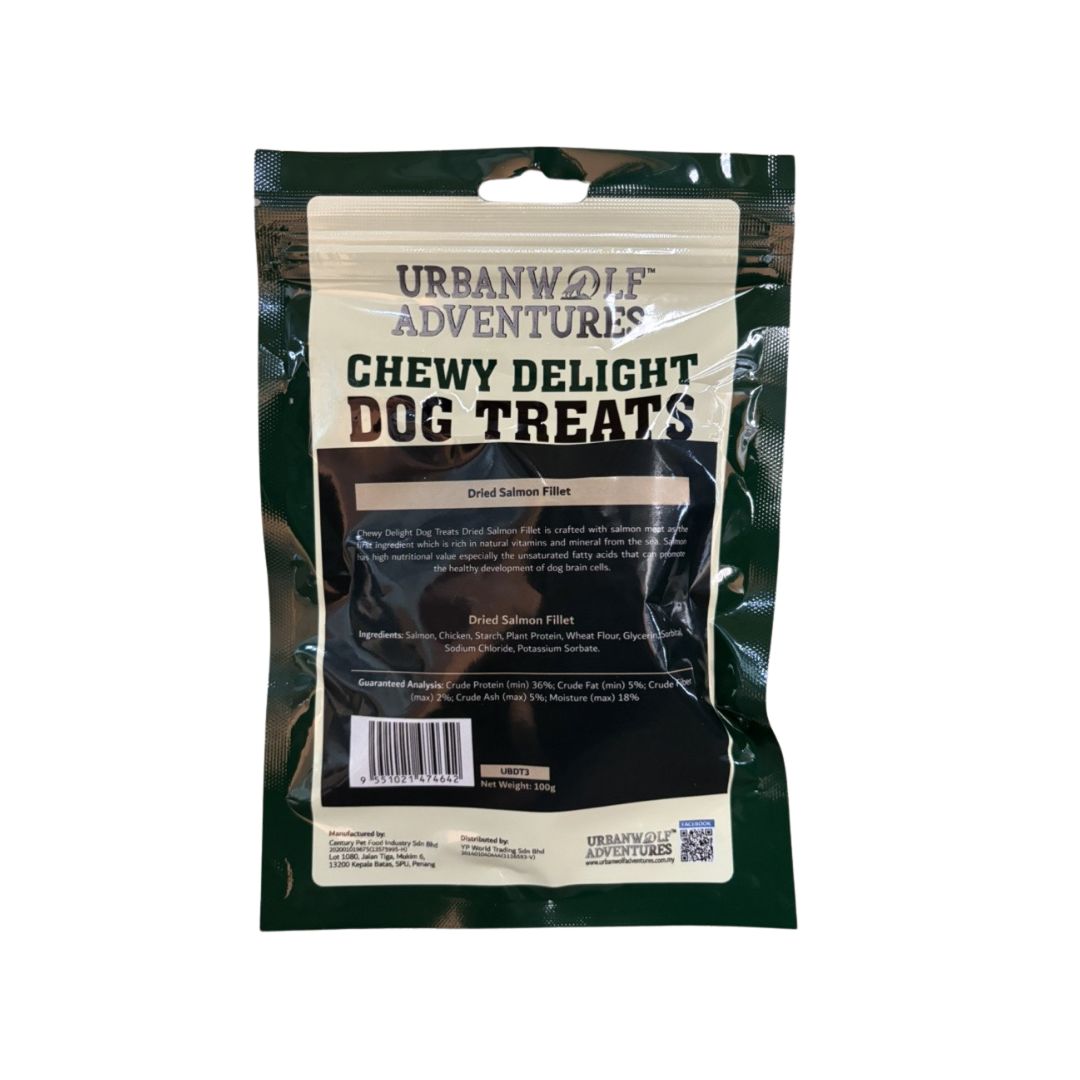 URBANWOLF ADVENTURES CHEWY DELIGHT DRIED SALMON FILLET 100G DOG TREATS image 2