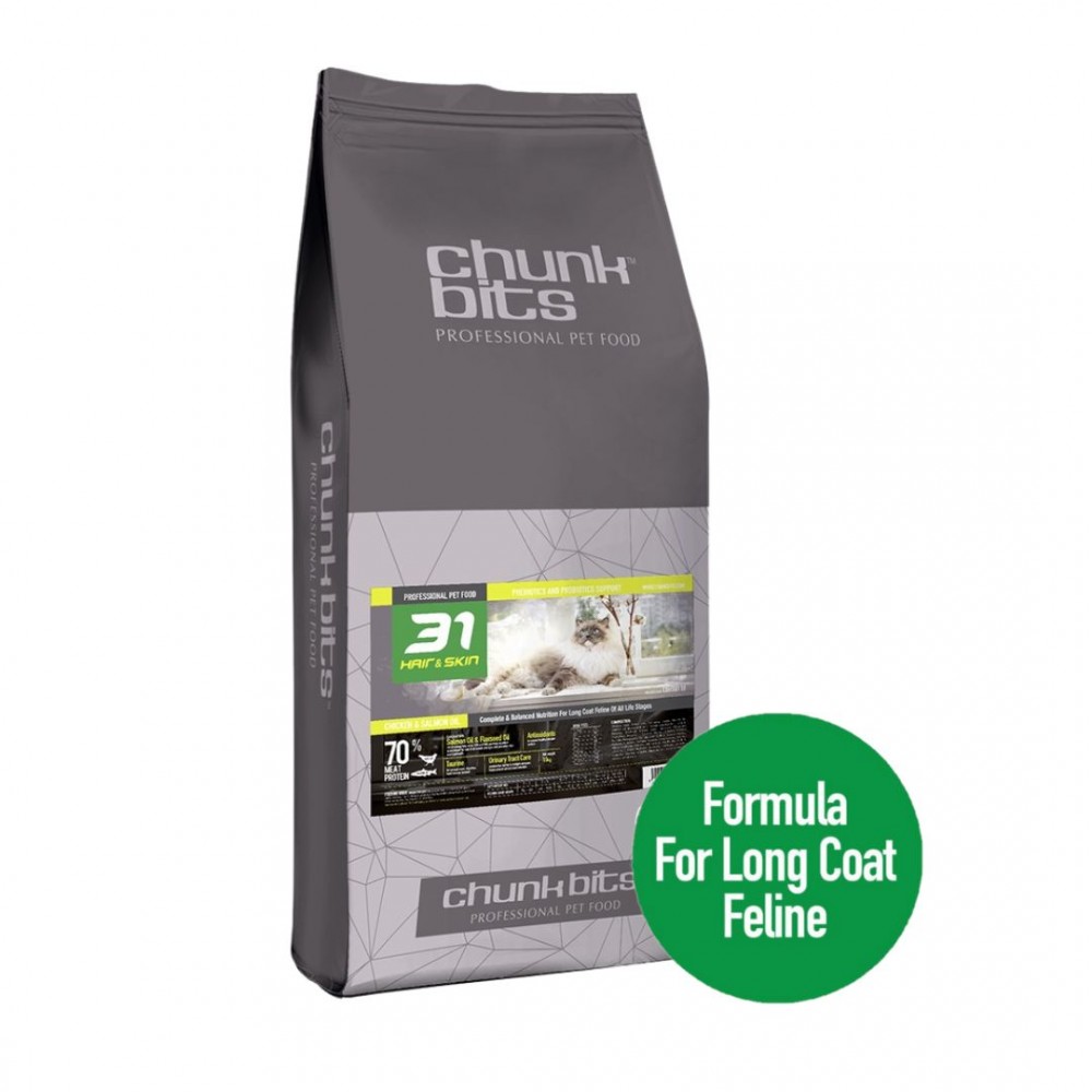 CHUNKBITS CAT 9KG HAIR & SKIN 31 CHICKEN & SALMON OIL DRY CAT FOOD image 2
