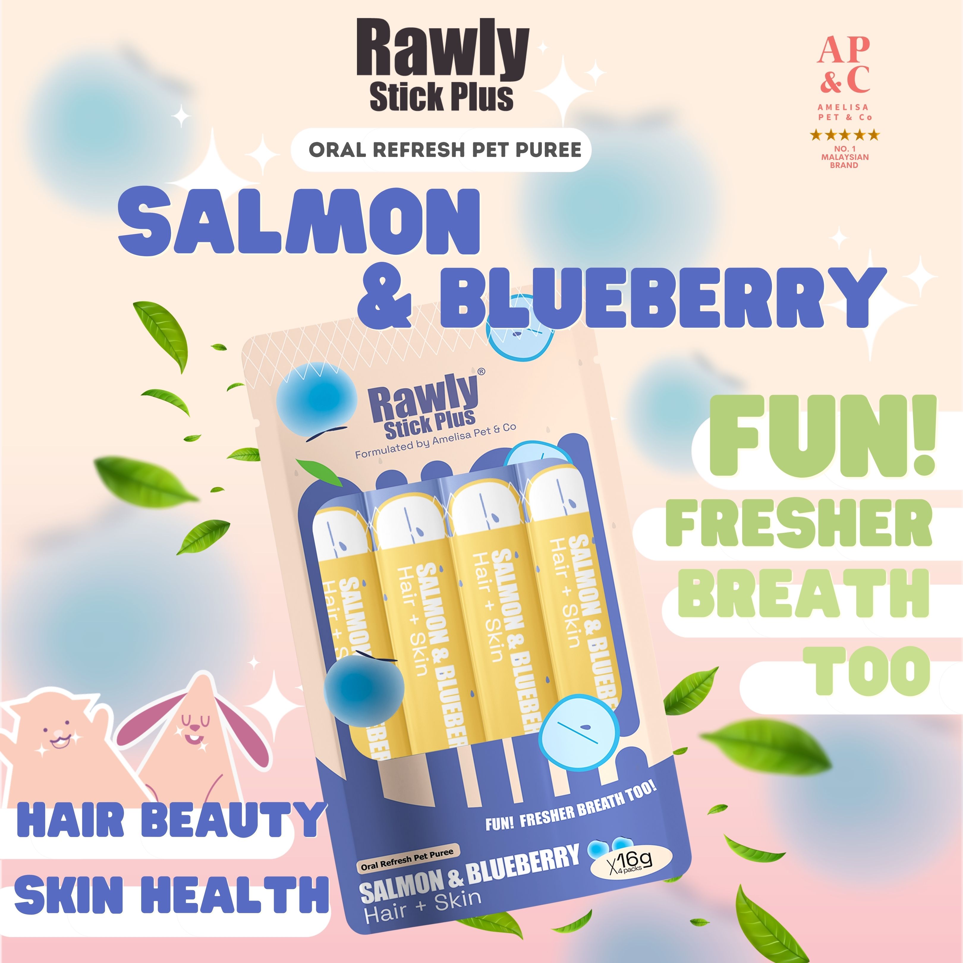AMELISA RAWLY STICK PLUS PET PUREE 16GX4 SALMON & BLUEBERRY DOG & CAT LICK image 2