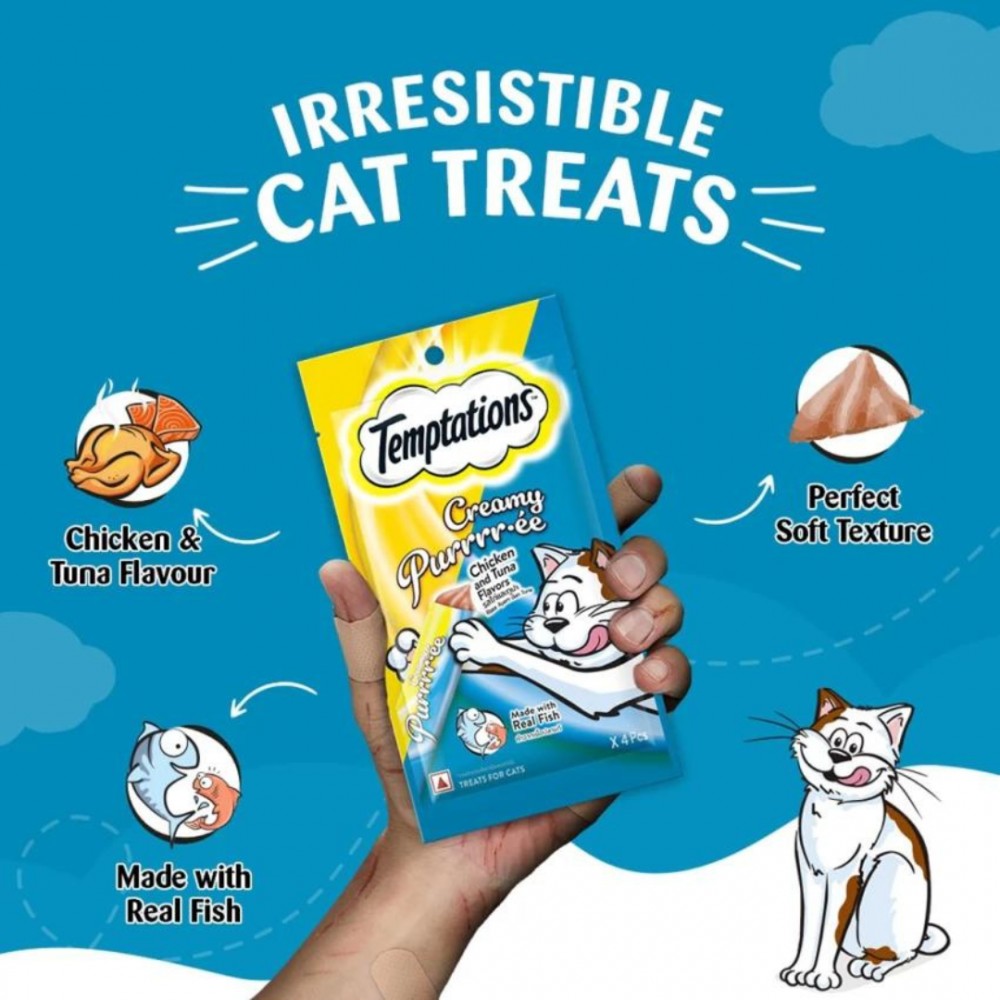 TEMPTATIONS CREAMY PURRRREE CHICKEN & TUNA 12G x4 SACHETS CAT TREAT image 3
