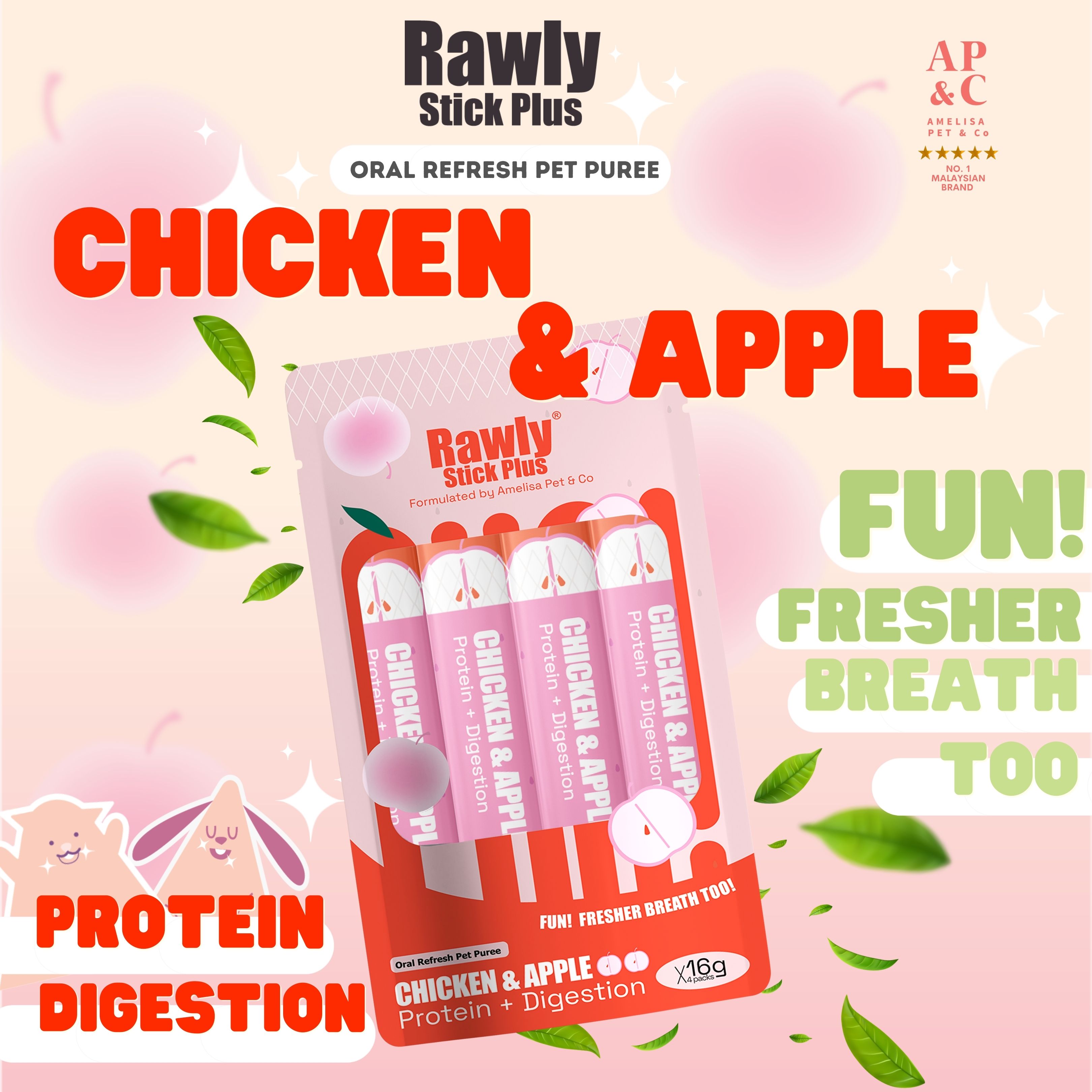 AMELISA RAWLY STICK PLUS PET PUREE 16GX4 CHICKEN & APPLE DOG & CAT LICK image 2