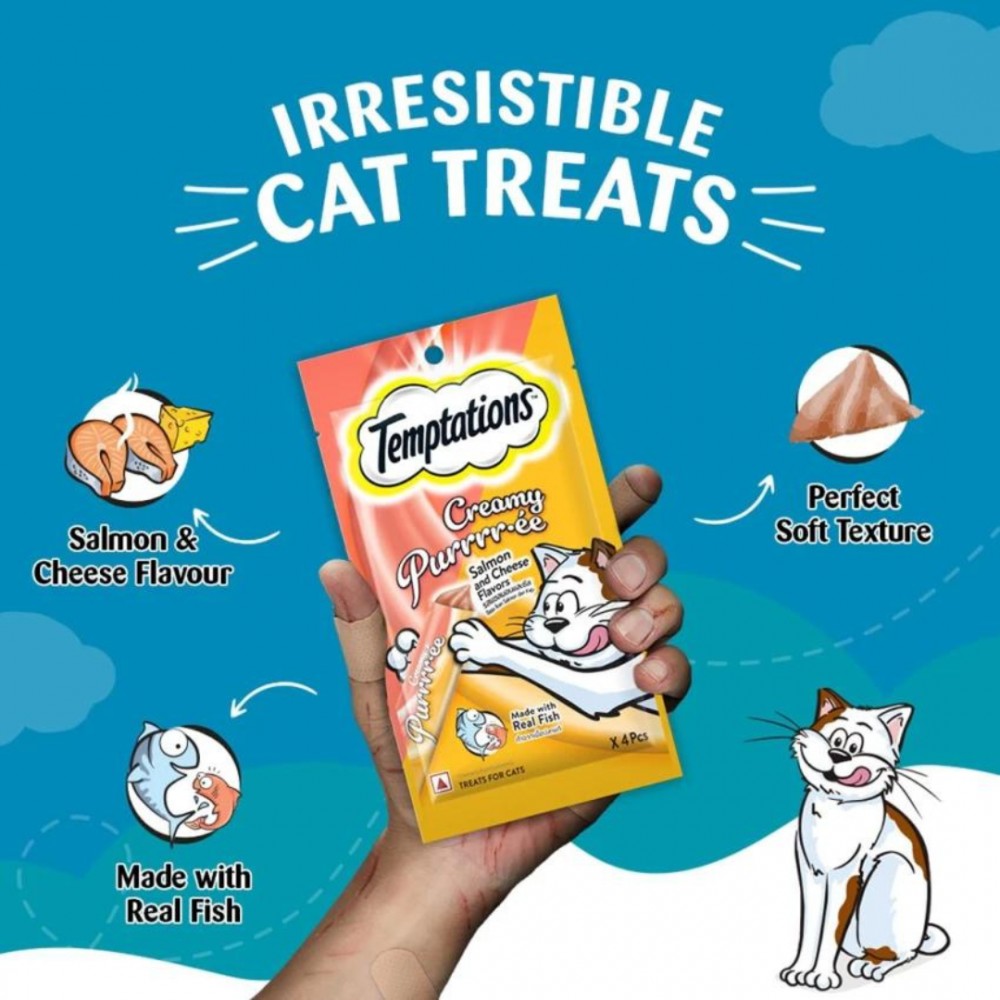 TEMPTATIONS CREAMY PURRRREE SALMON & CHEESE 12G x4 SACHETS CAT TREAT image 2