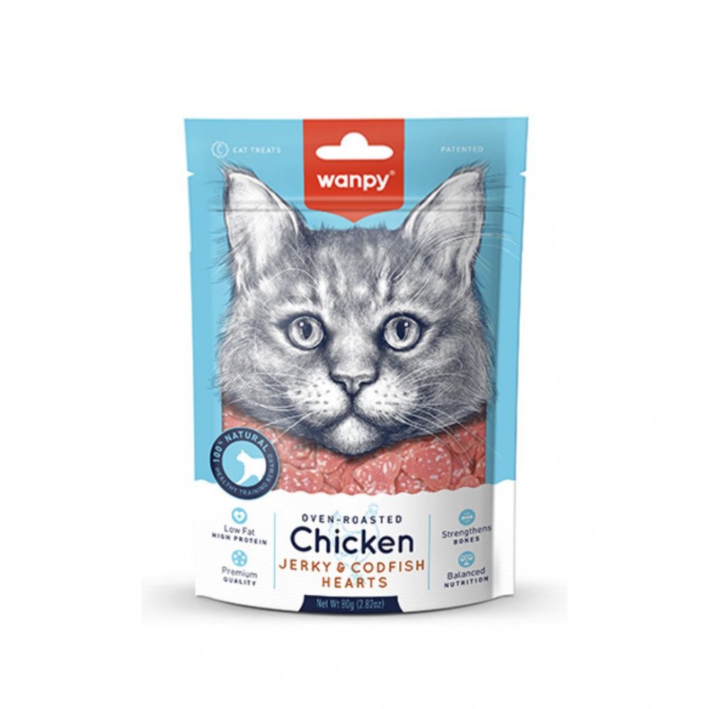 WANPY CAT CHICKEN JERKY & COD FISH HEARTS 80G CAT SNACK image 2