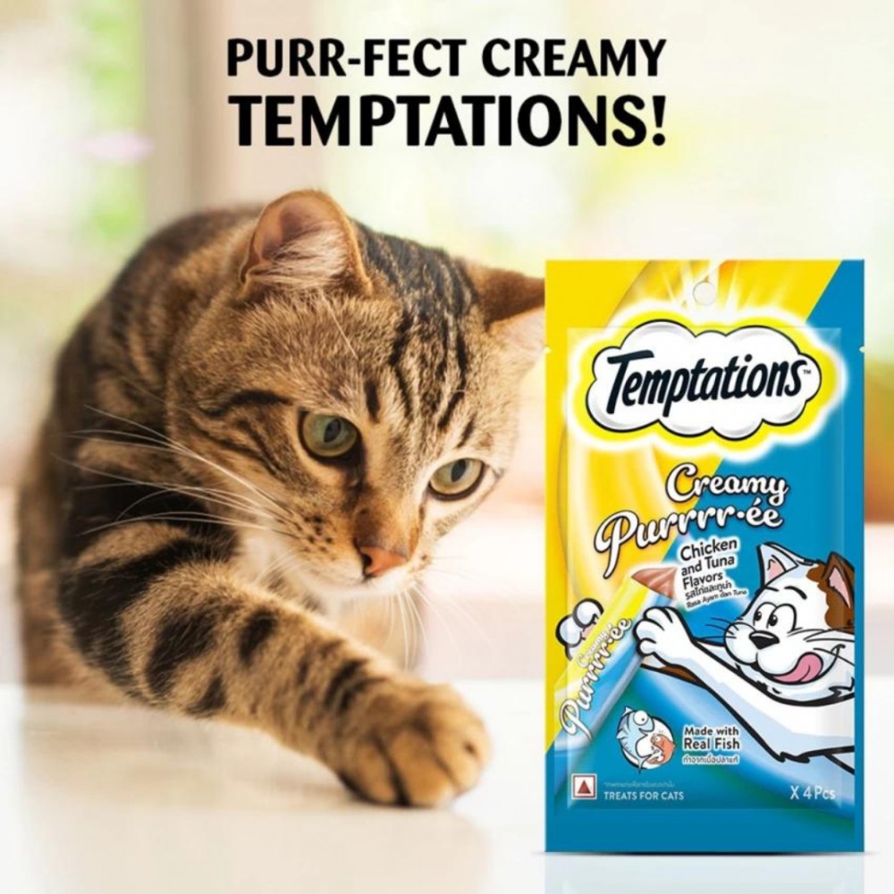 TEMPTATIONS CREAMY PURRRREE CHICKEN & TUNA 12G x4 SACHETS CAT TREAT image 2