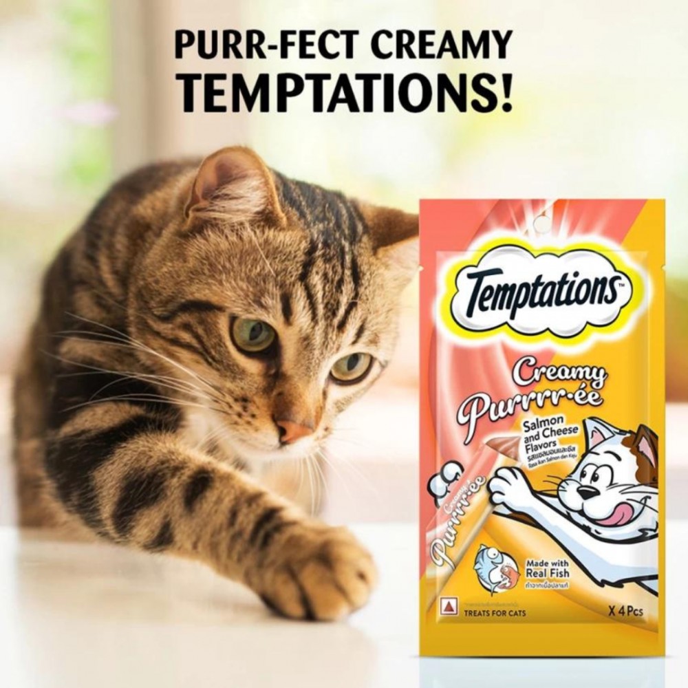 TEMPTATIONS CREAMY PURRRREE SALMON & CHEESE 12G x4 SACHETS CAT TREAT image 3