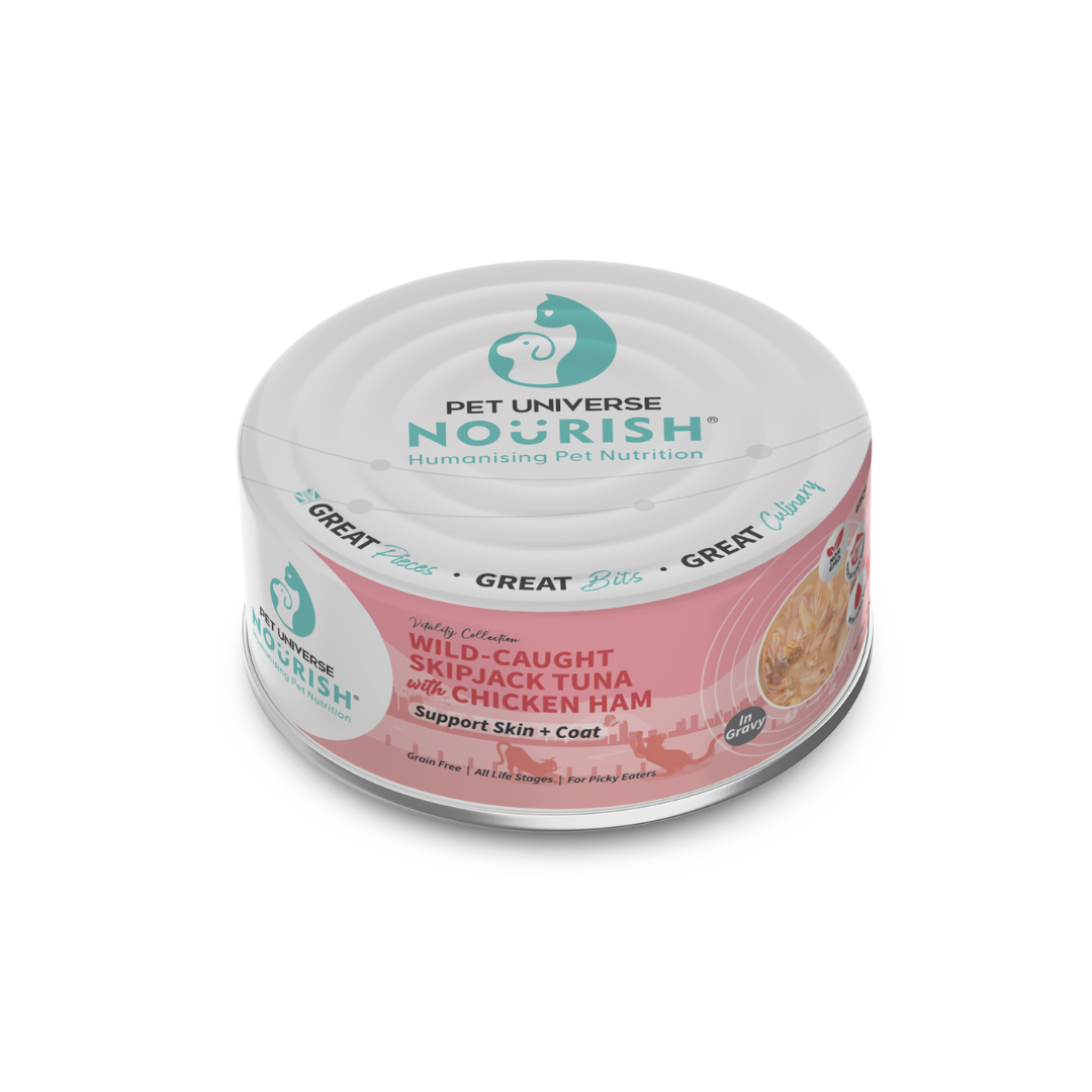 PET UNIVERSE NOURISH CAT VITALITY 70G WILD CAUGHT SKIPJACK TUNA WITH CHICKEN HAM IN GRAVY WET CAT FOOD image 2