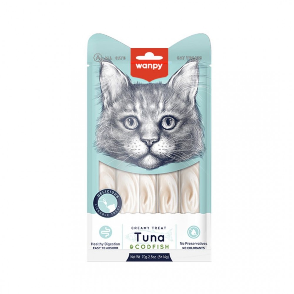 WANPY CAT 14GX5 CREAMY LICKABLE TREAT TUNA & CODFISH CAT SNACK image 2