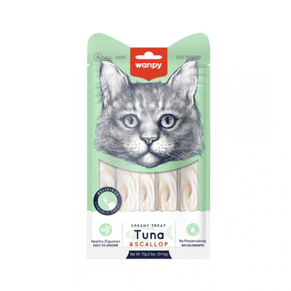 WANPY CAT 14GX5 CREAMY LICKABLE TREAT TUNA & SCALLOP CAT SNACK image 2
