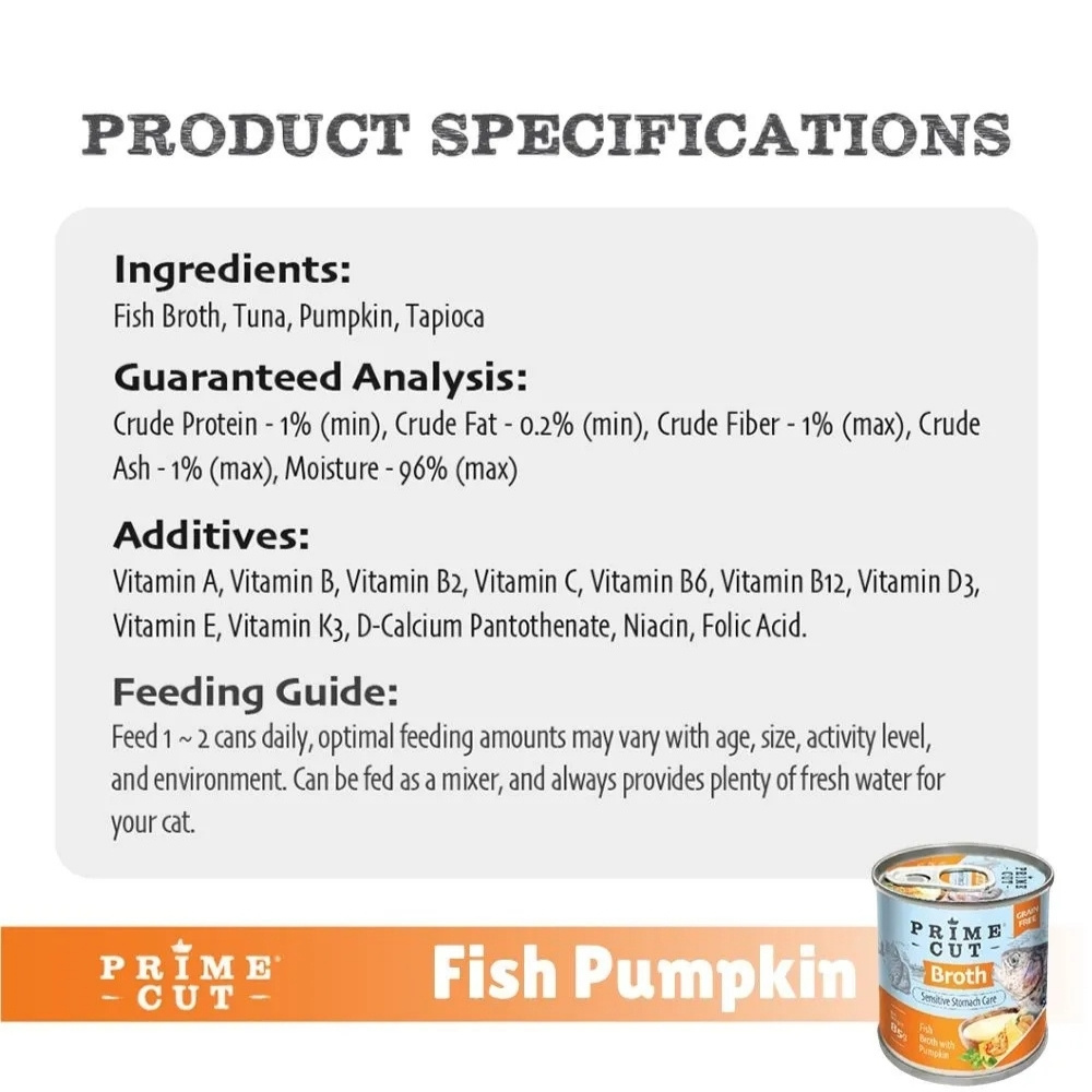 PRIMECUT 85G FISH BROTH WITH PUMPKIN WET CANNED CAT FOOD image 2