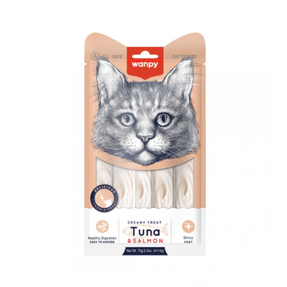 WANPY CAT 14GX5 CREAMY LICKABLE TREAT TUNA & SALMON CAT SNACK image 2